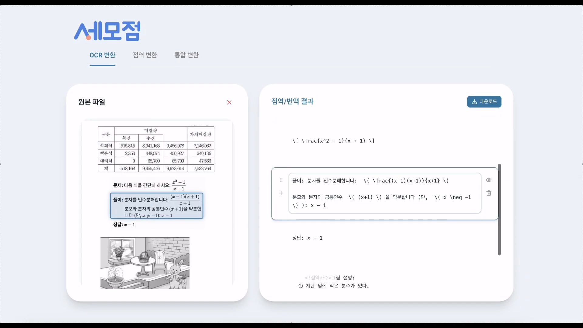 세모점 OCR 변환 화면 — 풀이 텍스트와 그림 설명을 순서대로 인식하는 모습