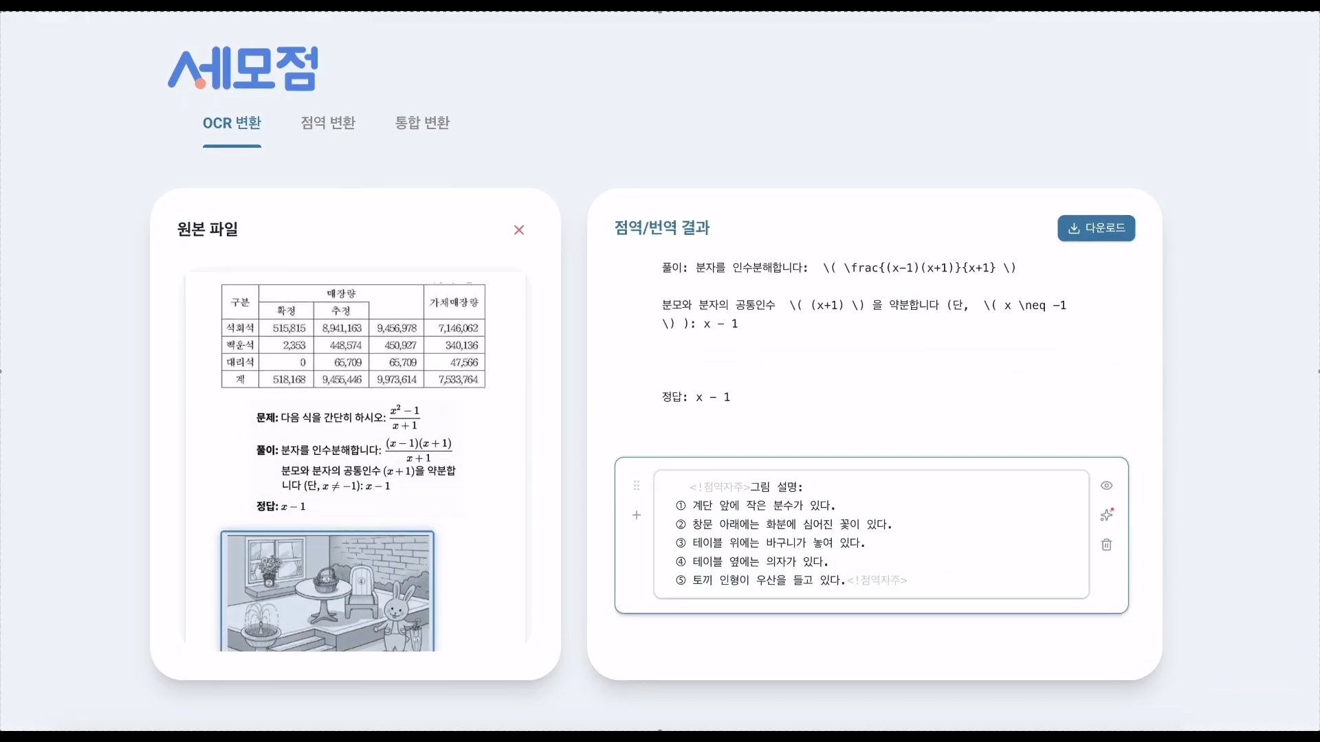 세모점 OCR 변환 화면 — 그림 내용을 글로 설명한 결과