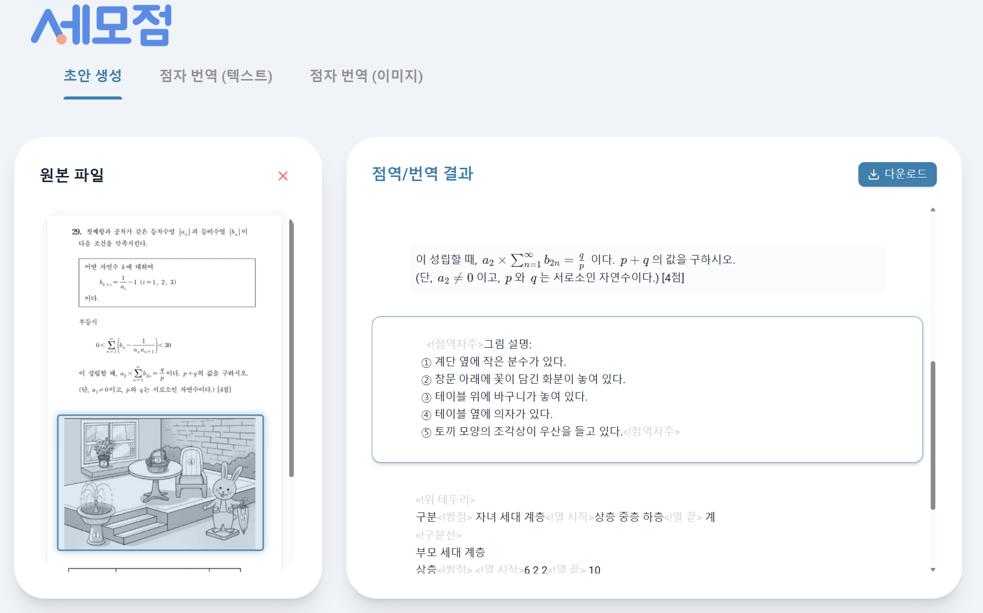 세모점 초안 생성 화면 — 수식·그림이 담긴 원문을 인식해 점역 초안과 그림 설명을 생성한 결과
